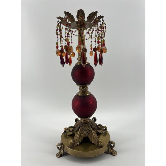 Victorian Baroque Ornate Beaded Ruby Red Glass Brass Candle Holder Prisms - Picture 4 of 11